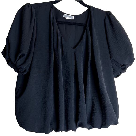 Pleione Cropped Top Women Medium Black Polyester Bubble Sleeve V Neck Blouse - Picture 1 of 10